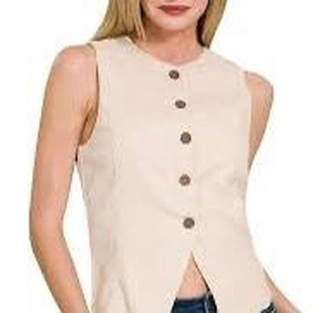 Zenana Tan linen button up vest top NWOT Size L